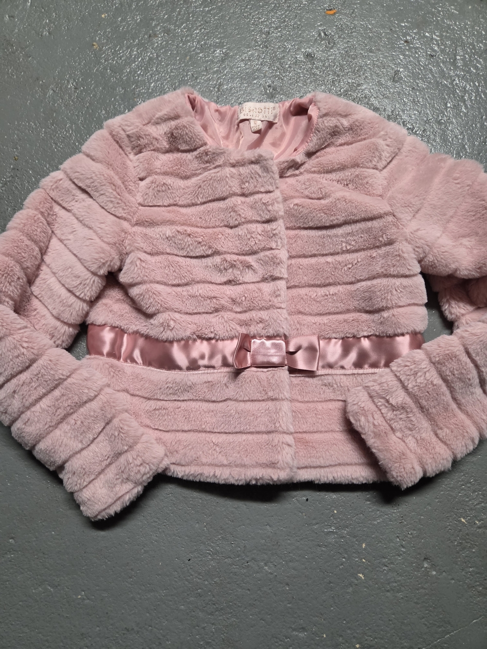 Biscotti Blush Pink Faux Fur Jacket with Satin Waist Bow